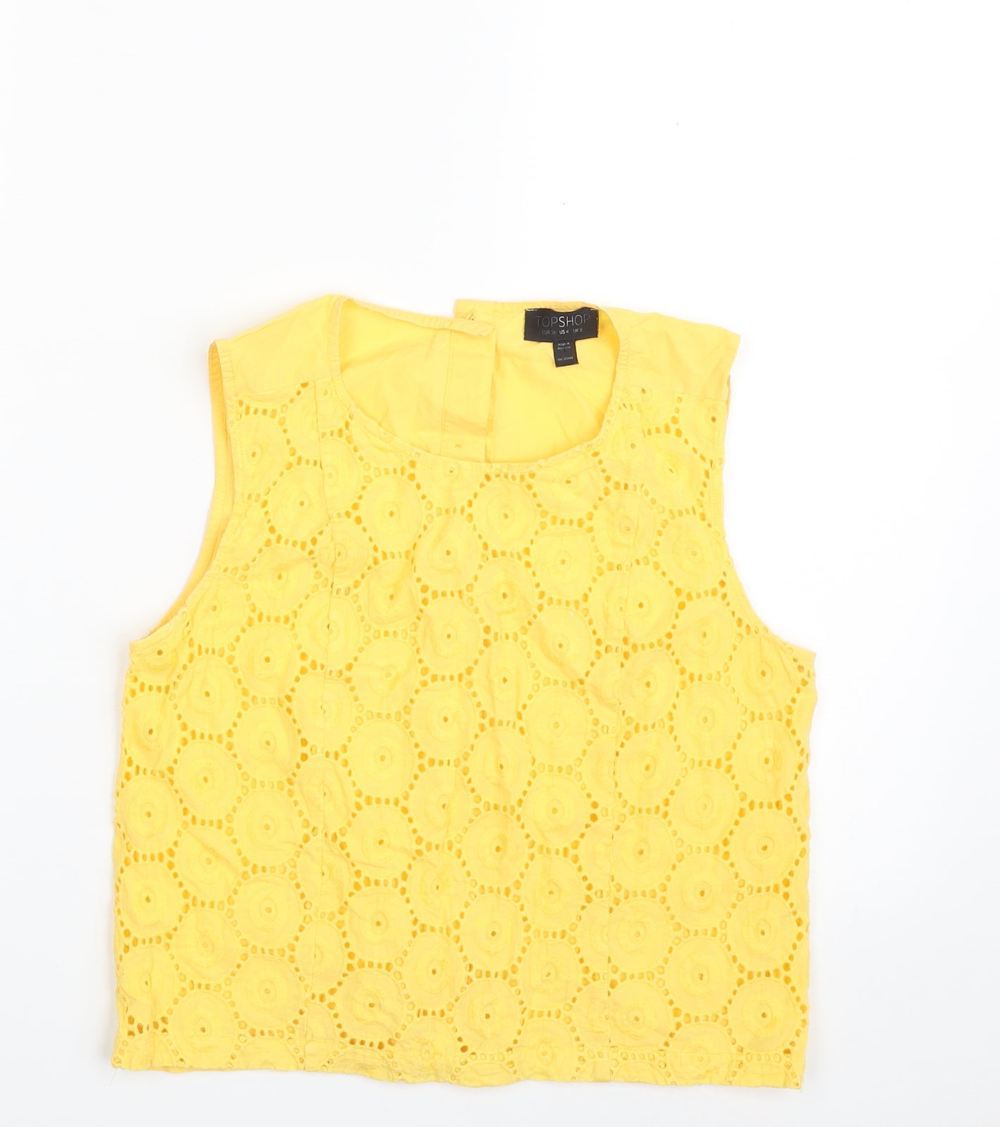 Topshop Womens Yellow Geometric Cotton Cropped Button-Up Size 8 Scoop Neck