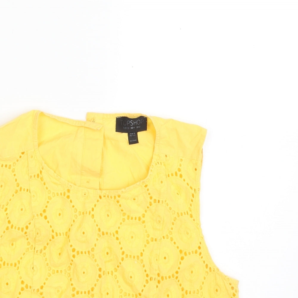 Topshop Womens Yellow Geometric Cotton Cropped Button-Up Size 8 Scoop Neck