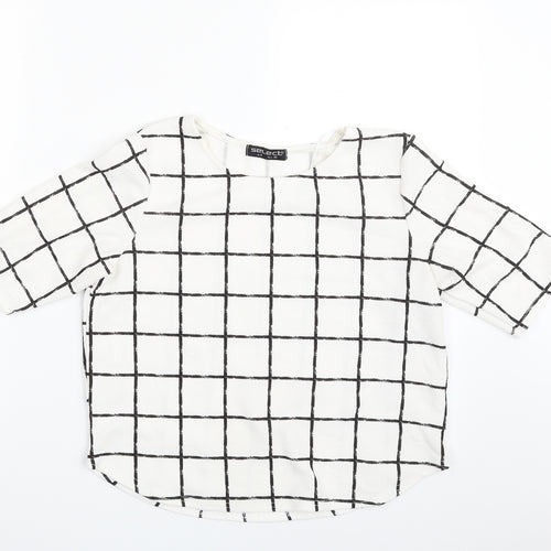 Select Womens White Check Polyester Basic Blouse Size 8 Crew Neck