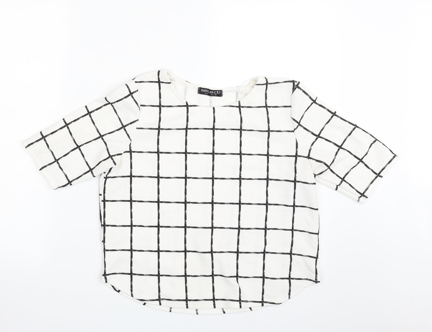 Select Womens White Check Polyester Basic Blouse Size 8 Crew Neck