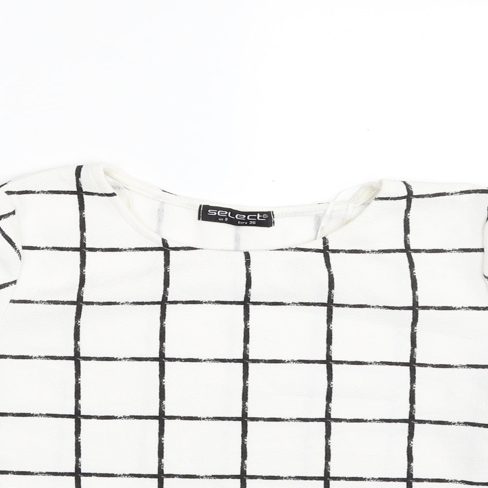 Select Womens White Check Polyester Basic Blouse Size 8 Crew Neck