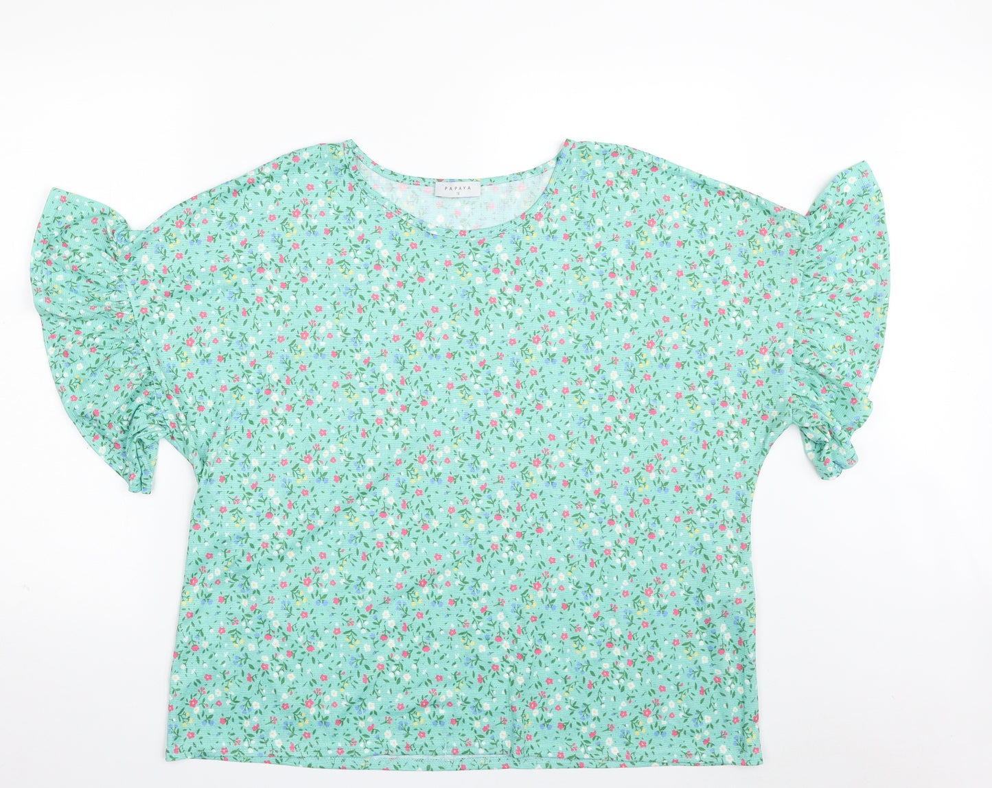 Papaya Womens Green Floral Polyester Basic T-Shirt Size 18 Boat Neck
