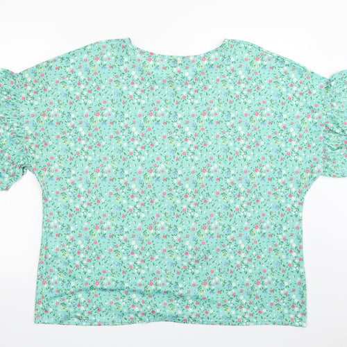Papaya Womens Green Floral Polyester Basic T-Shirt Size 18 Boat Neck