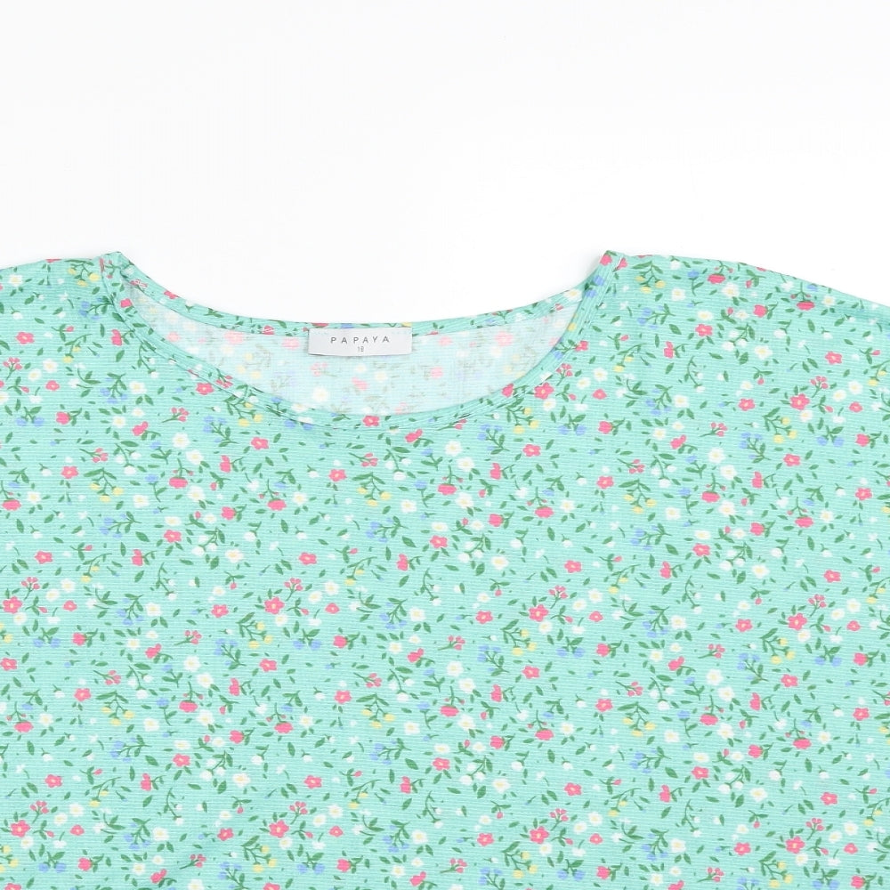 Papaya Womens Green Floral Polyester Basic T-Shirt Size 18 Boat Neck