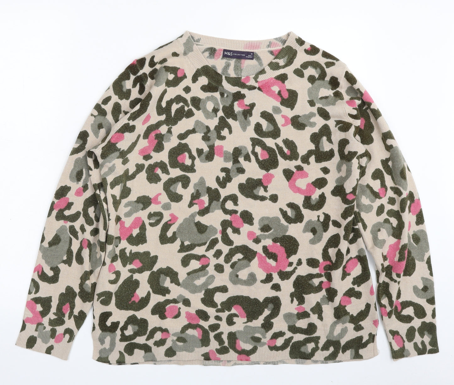 Marks and Spencer Womens Beige Crew Neck Camouflage Acrylic Pullover Jumper Size 18