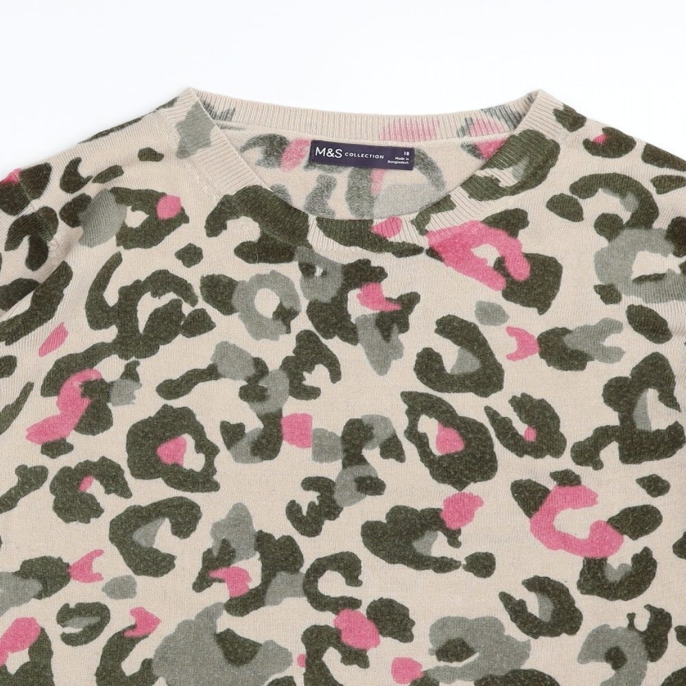 Marks and Spencer Womens Beige Crew Neck Camouflage Acrylic Pullover Jumper Size 18