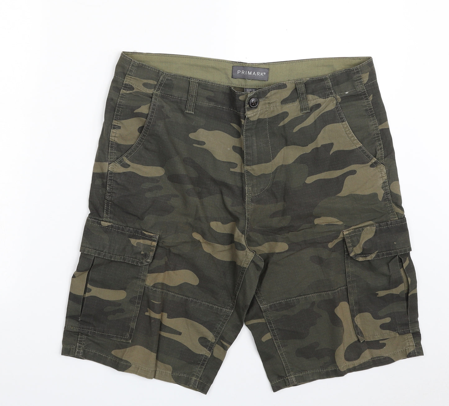Primark Mens Green Camouflage Cotton Cargo Shorts Size 32 in L9 in Regular Zip