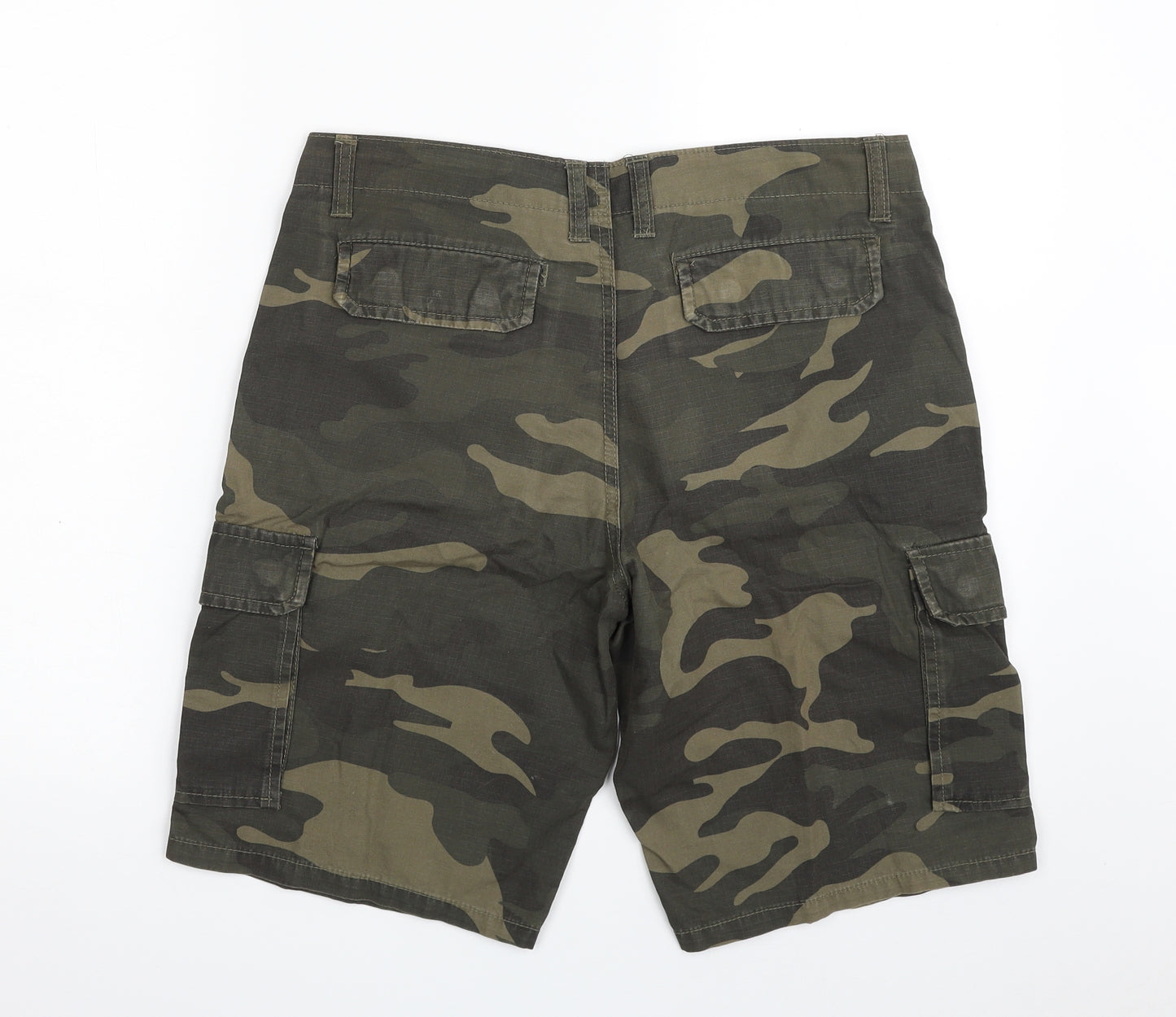 Primark Mens Green Camouflage Cotton Cargo Shorts Size 32 in L9 in Regular Zip
