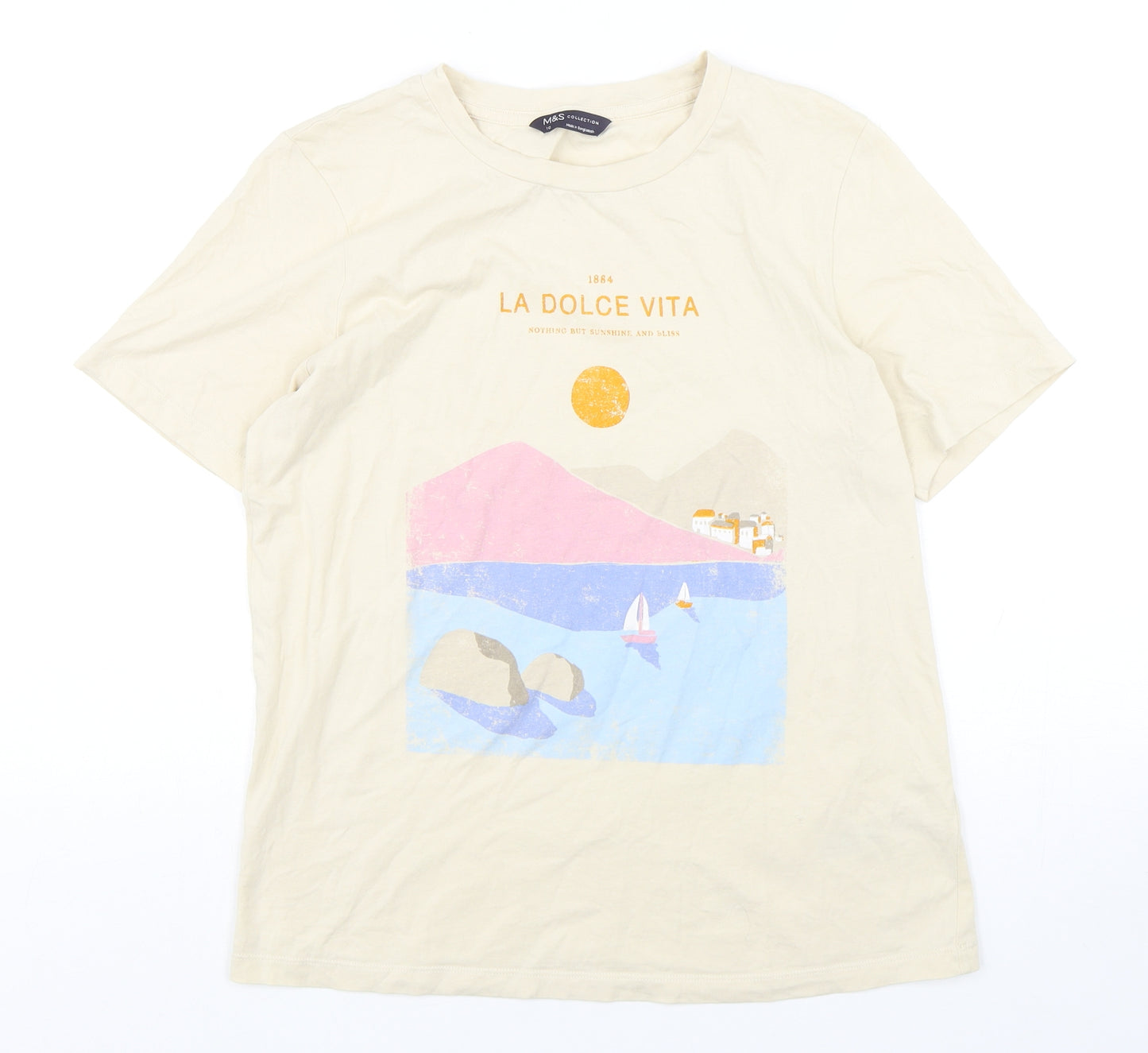 Marks and Spencer Womens Beige  Cotton Basic T-Shirt Size 10 Round Neck