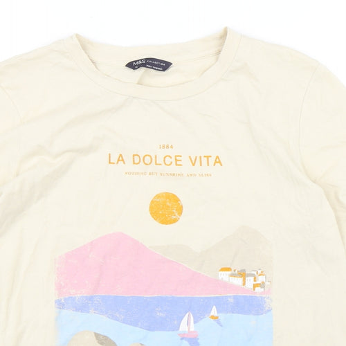 Marks and Spencer Womens Beige  Cotton Basic T-Shirt Size 10 Round Neck