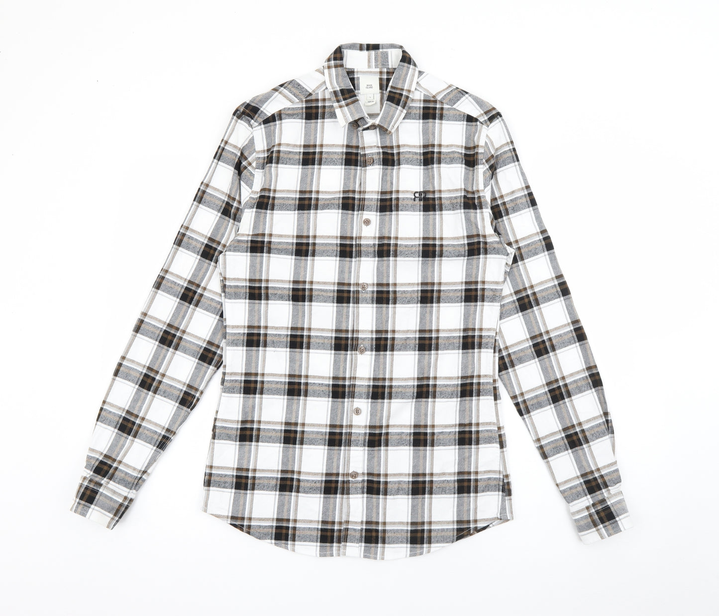 River Island Mens Brown Plaid Cotton  Button-Up Size S Collared Button