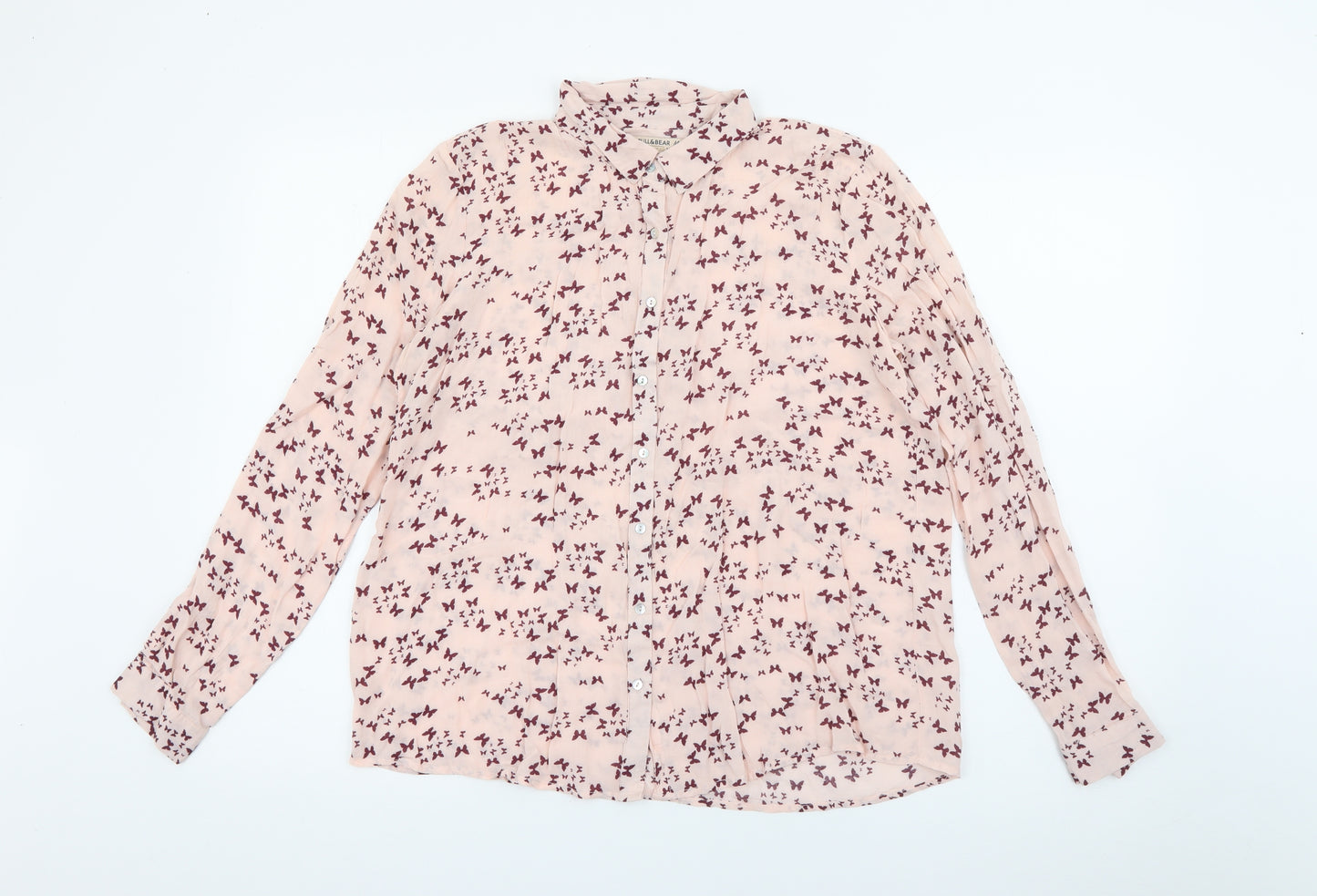 Pull & Bear Womens Pink Geometric Polyester Basic Button-Up Size M Collared - Butterfly