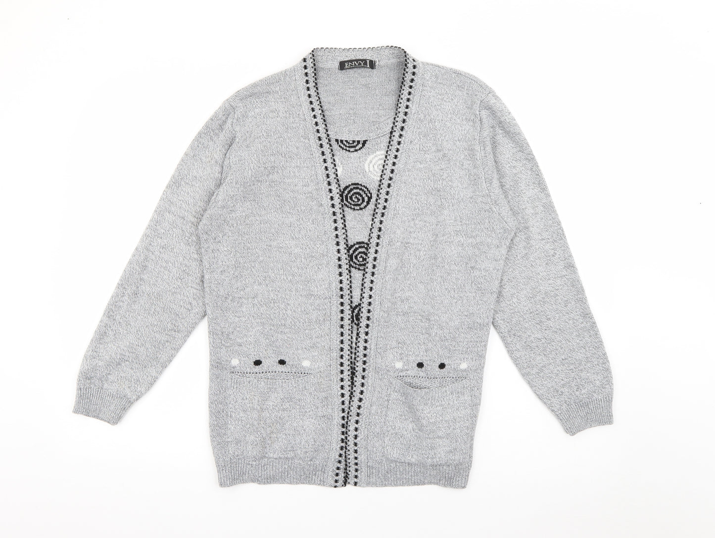 Envy Womens Grey Crew Neck Geometric Acrylic Pullover Jumper Size S