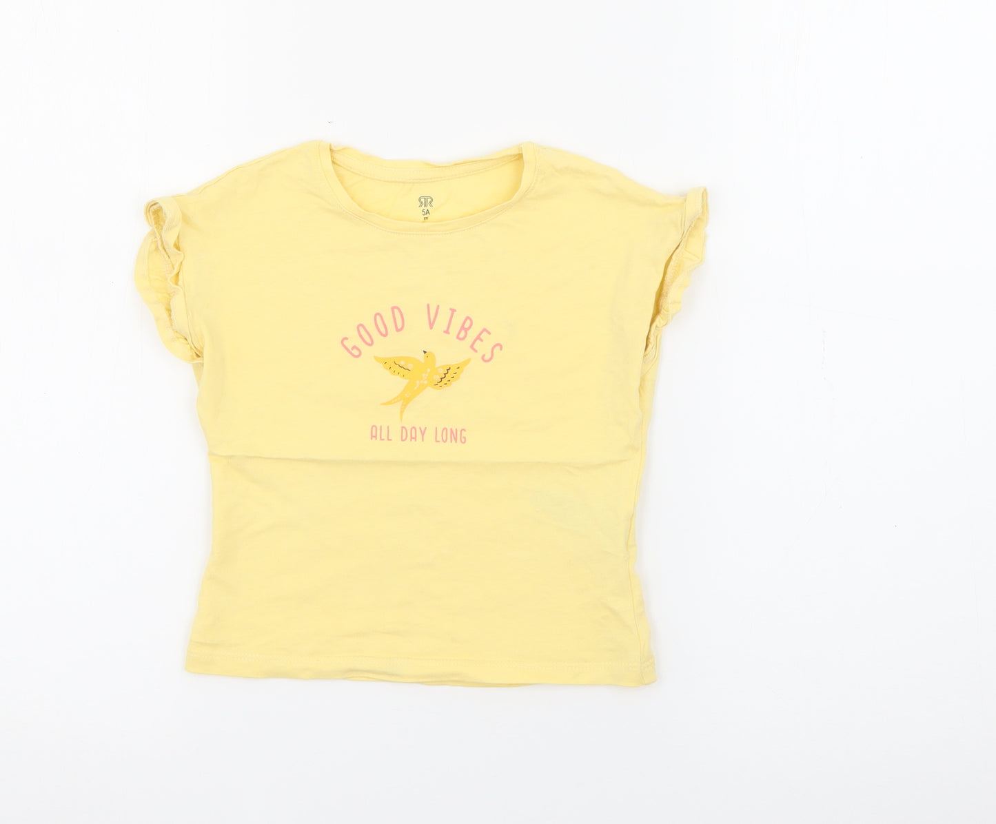 RTR Girls Yellow  Cotton Pullover T-Shirt Size 5 Years Crew Neck  - Good Vibes