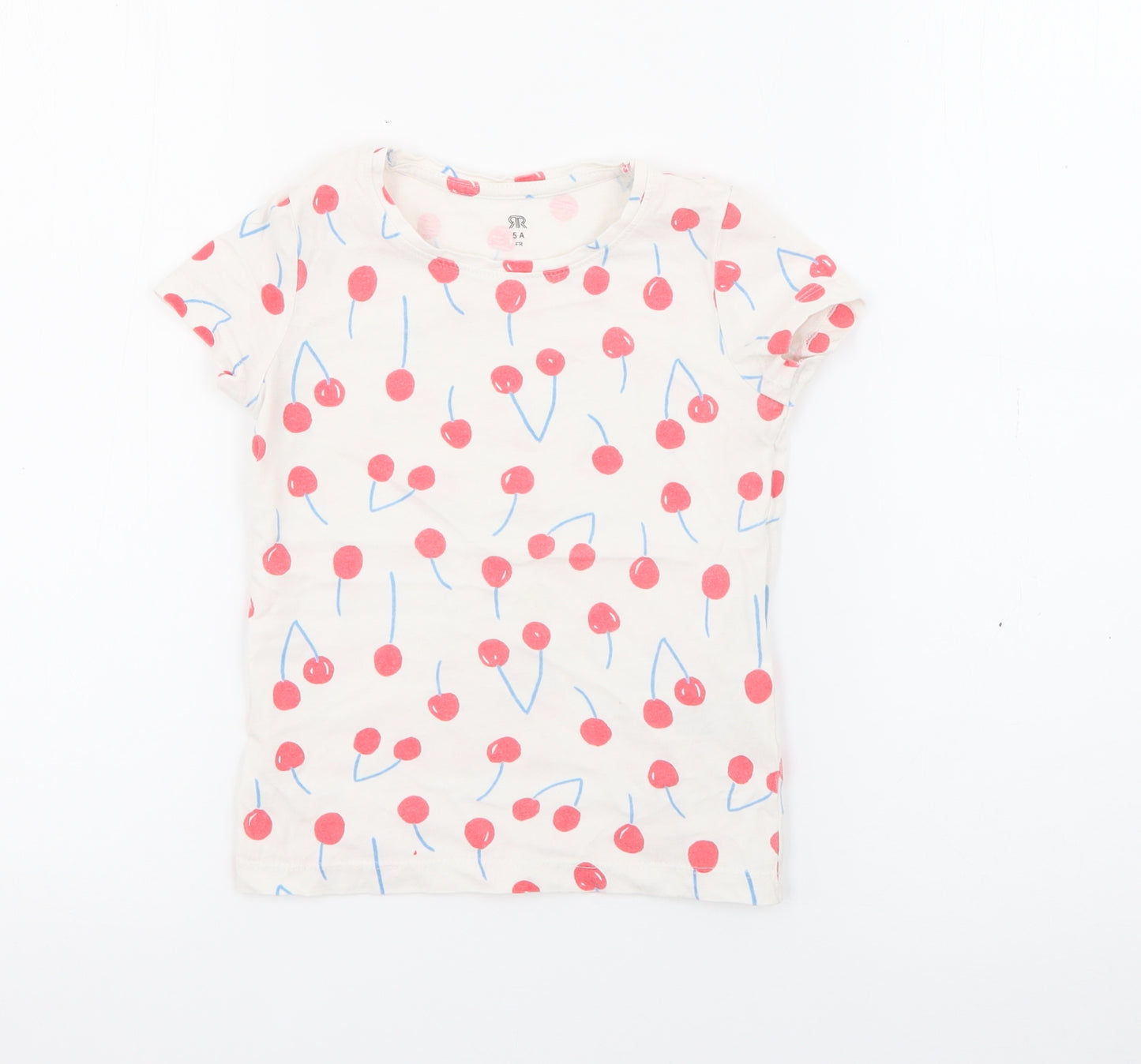 RTR Girls White Geometric Cotton Pullover T-Shirt Size 5 Years Crew Neck  - Cherries