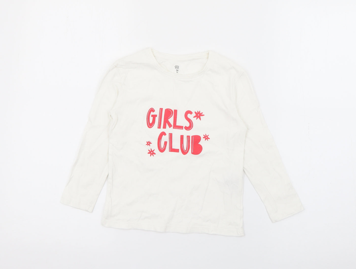RTR Girls White  Cotton Pullover T-Shirt Size 5 Years Crew Neck  - Girls Club
