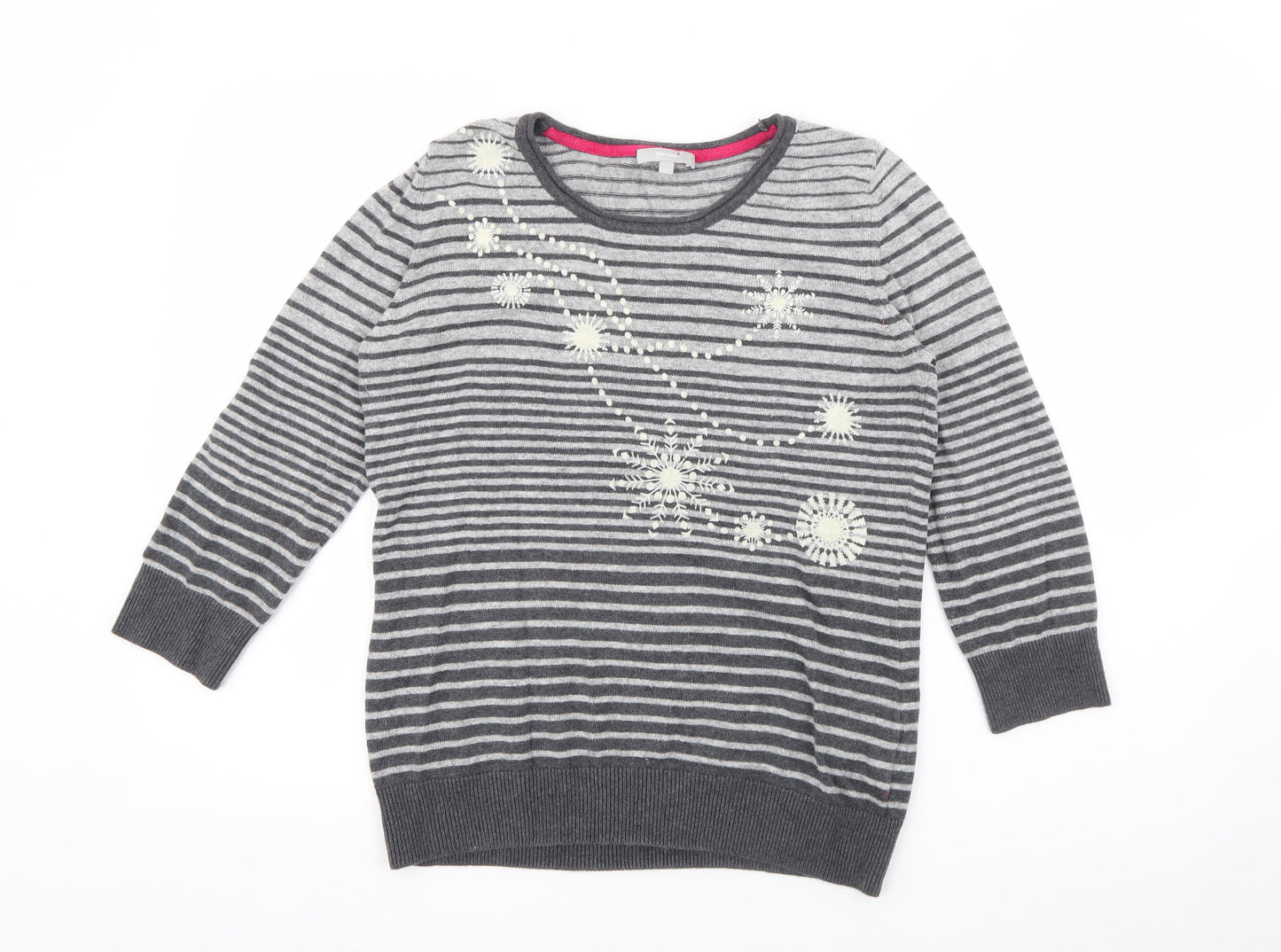 Per Una Womens Grey Crew Neck Striped Cotton Pullover Jumper Size 10
