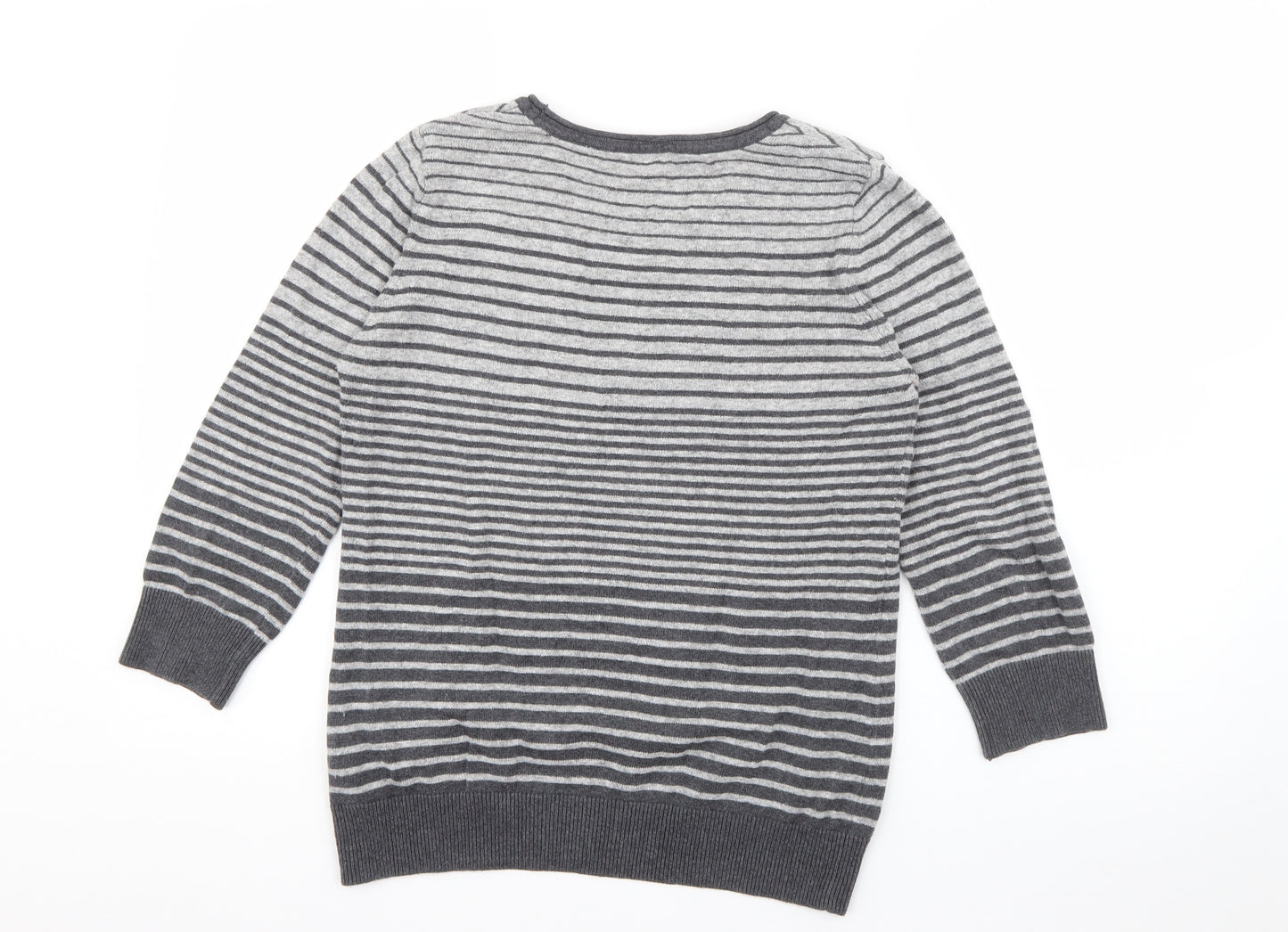 Per Una Womens Grey Crew Neck Striped Cotton Pullover Jumper Size 10
