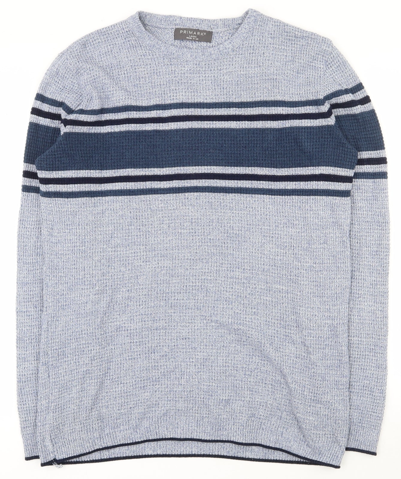 Primark Mens Blue Round Neck Striped Acrylic Pullover Jumper Size L
