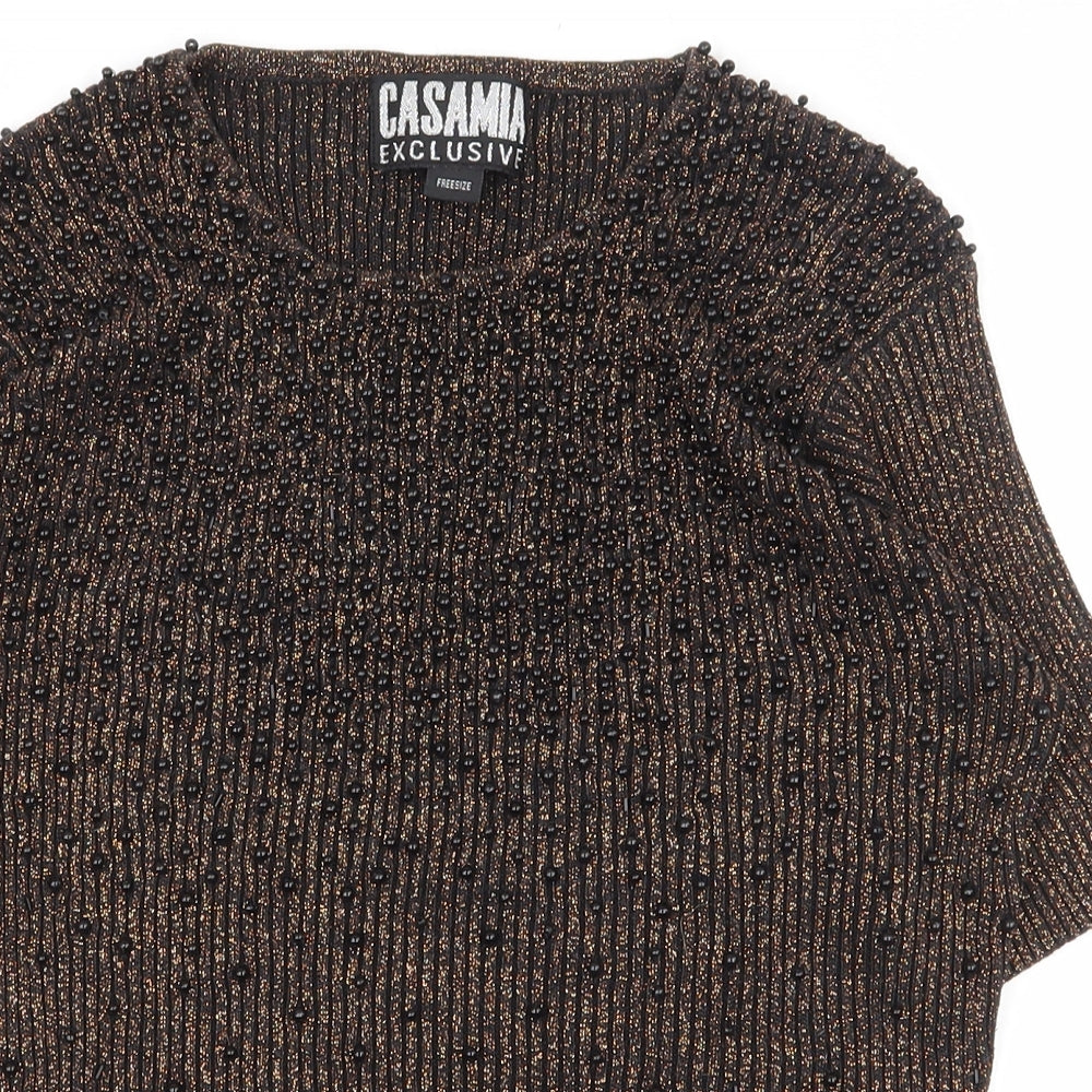 casamia Womens Gold  Ramie Basic T-Shirt One Size Round Neck