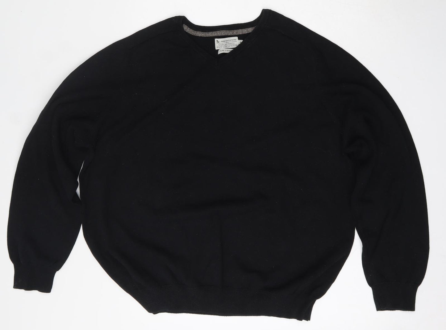 TU Mens Black V-Neck  Cotton Pullover Jumper Size XL