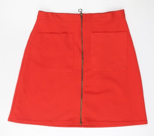 Front view of Atmosphere women’s red polyester a-line skirt, size UK 12, zip
