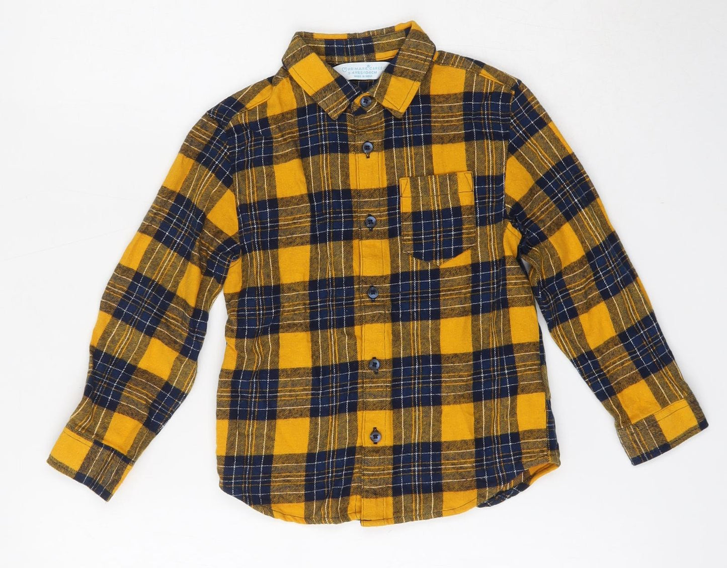 Primark Boys Yellow Plaid Cotton Basic Button-Up Size 3-4 Years Collared Button