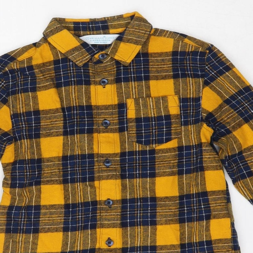 Primark Boys Yellow Plaid Cotton Basic Button-Up Size 3-4 Years Collared Button
