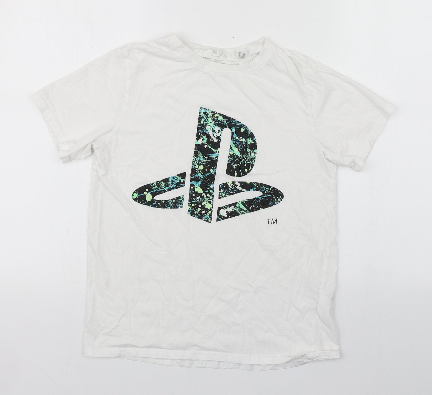 H&M Boys White  Cotton Basic T-Shirt Size 11-12 Years Round Neck Pullover - Playstation