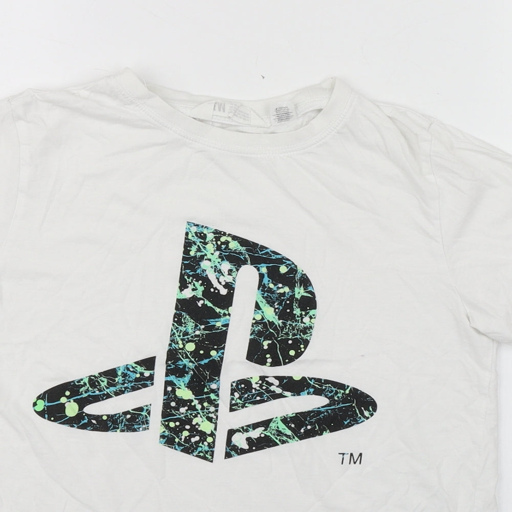 H&M Boys White  Cotton Basic T-Shirt Size 11-12 Years Round Neck Pullover - Playstation