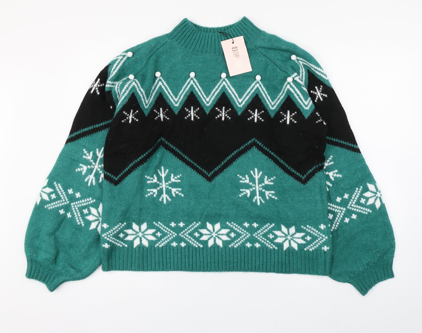 Misguided Womens Green Round Neck Fair Isle Acrylic Pullover Jumper Size 10   - Christmas