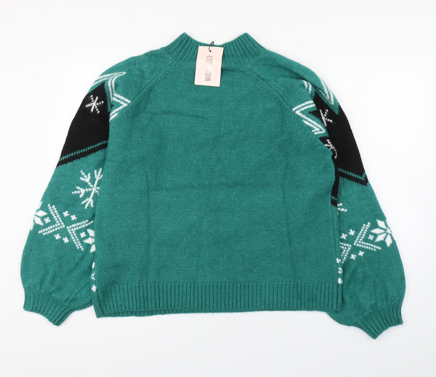 Misguided Womens Green Round Neck Fair Isle Acrylic Pullover Jumper Size 10   - Christmas
