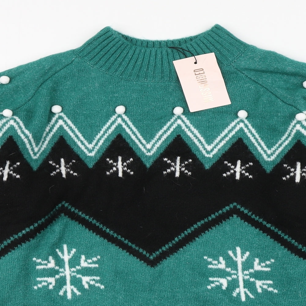 Misguided Womens Green Round Neck Fair Isle Acrylic Pullover Jumper Size 10   - Christmas