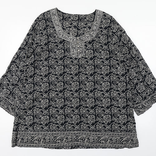 Preworn Womens Black Floral Cotton Basic Blouse Size 22 Square Neck