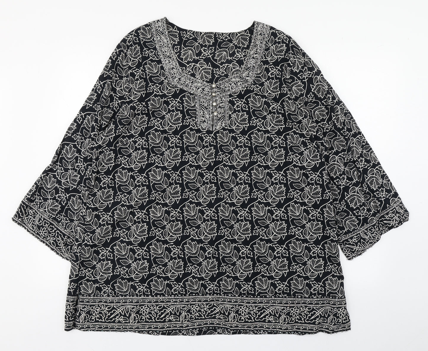 Preworn Womens Black Floral Cotton Basic Blouse Size 22 Square Neck