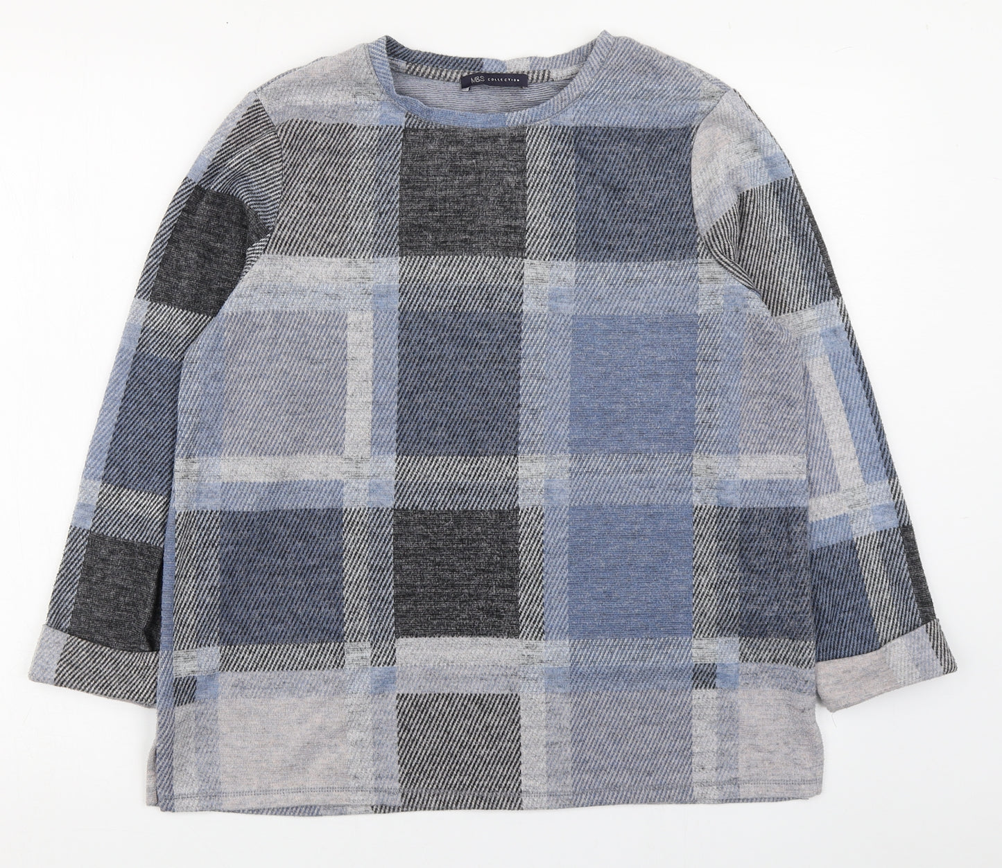 Marks and Spencer Womens Blue Round Neck Plaid Polyester Pullover Jumper Size 14
