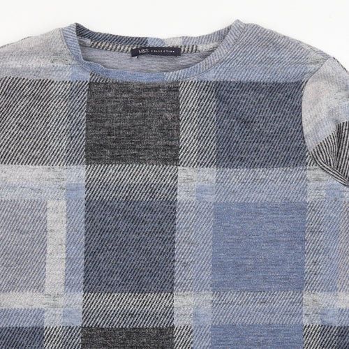 Marks and Spencer Womens Blue Round Neck Plaid Polyester Pullover Jumper Size 14