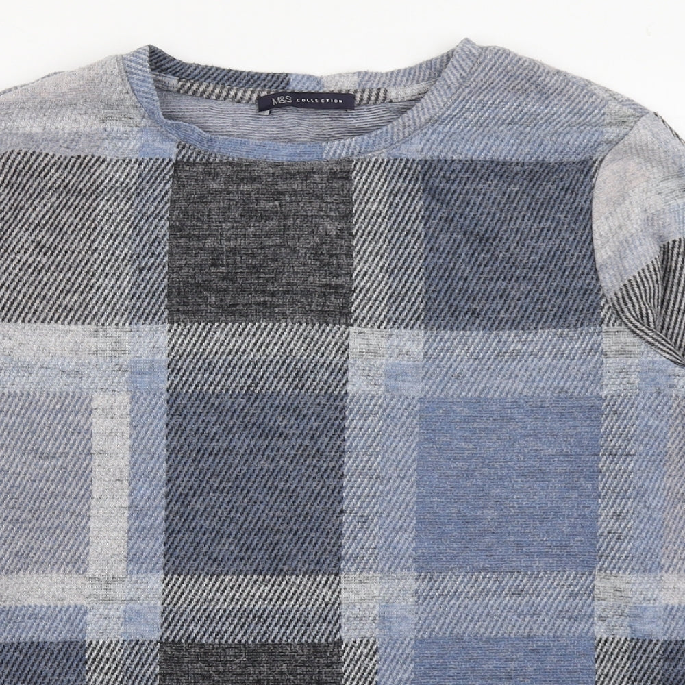 Marks and Spencer Womens Blue Round Neck Plaid Polyester Pullover Jumper Size 14