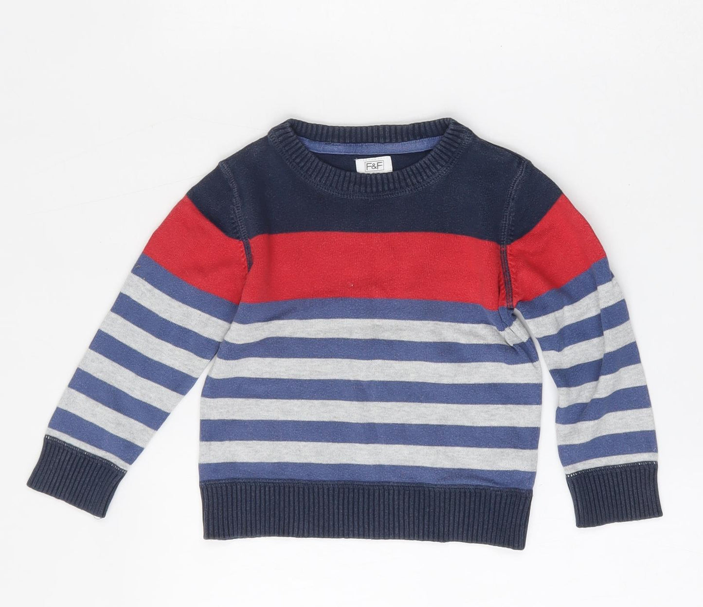 F&F Boys Multicoloured Striped Cotton Pullover Sweatshirt Size 2-3 Years