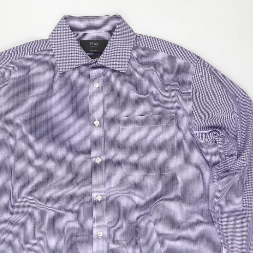 Marks and Spencer Mens Blue Check Cotton  Dress Shirt Size 15.5 Collared