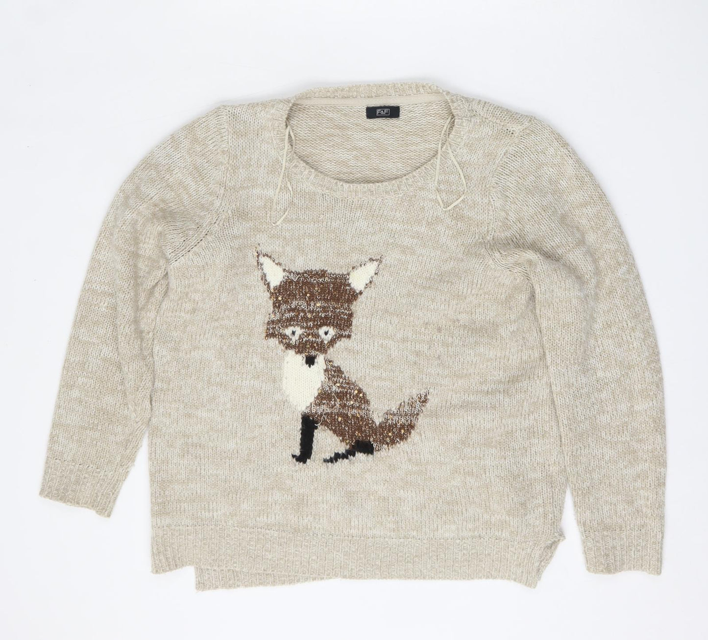 F&F Womens Beige Round Neck  Acrylic Pullover Jumper Size 14   - Fox