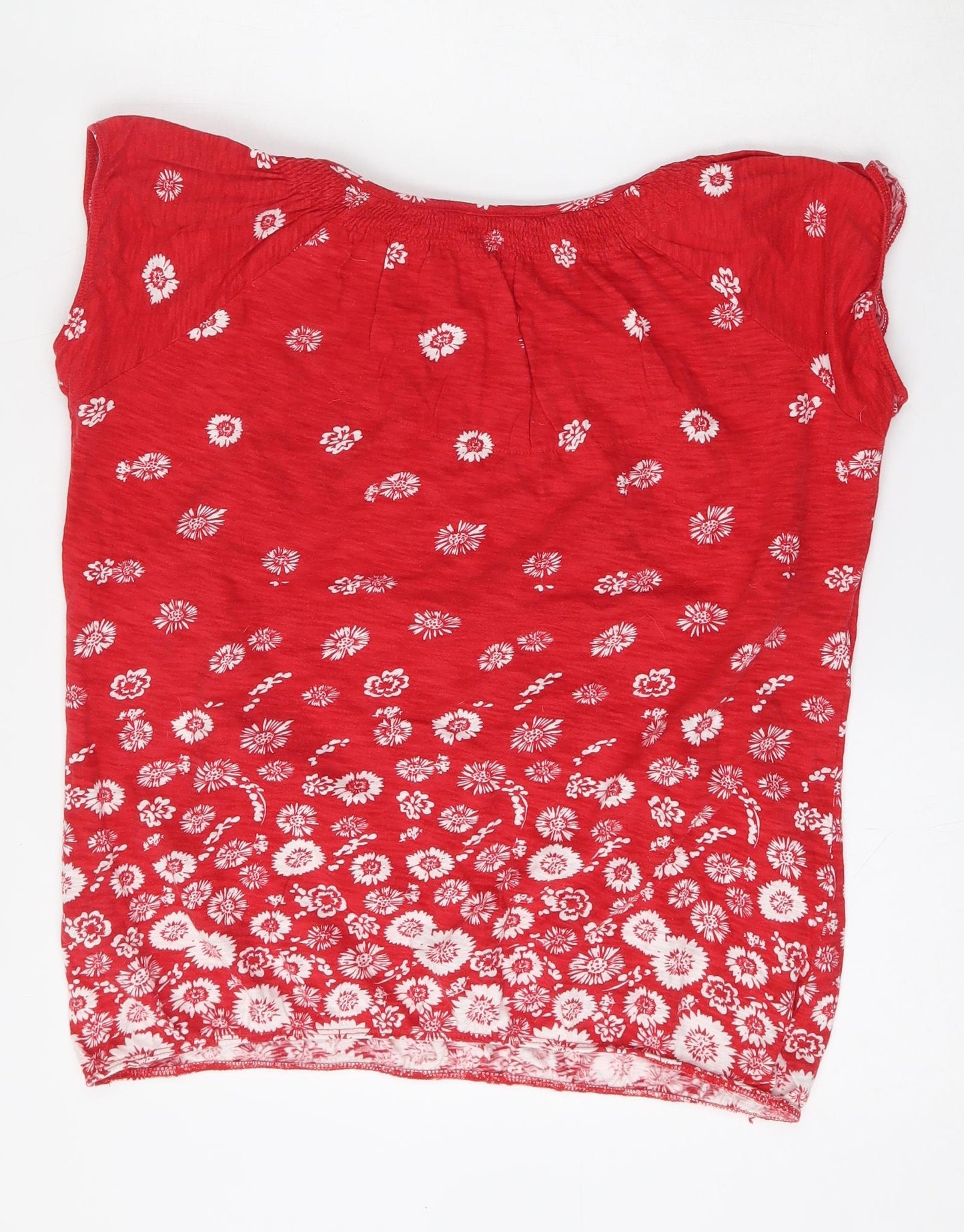 BHS Womens Red Floral Cotton Basic Blouse Size 14 Round Neck