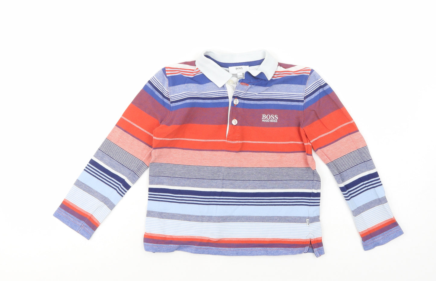 Boss Hugp Boss Boys Multicoloured Striped Cotton Pullover T-Shirt Size 6 Years Collared Button