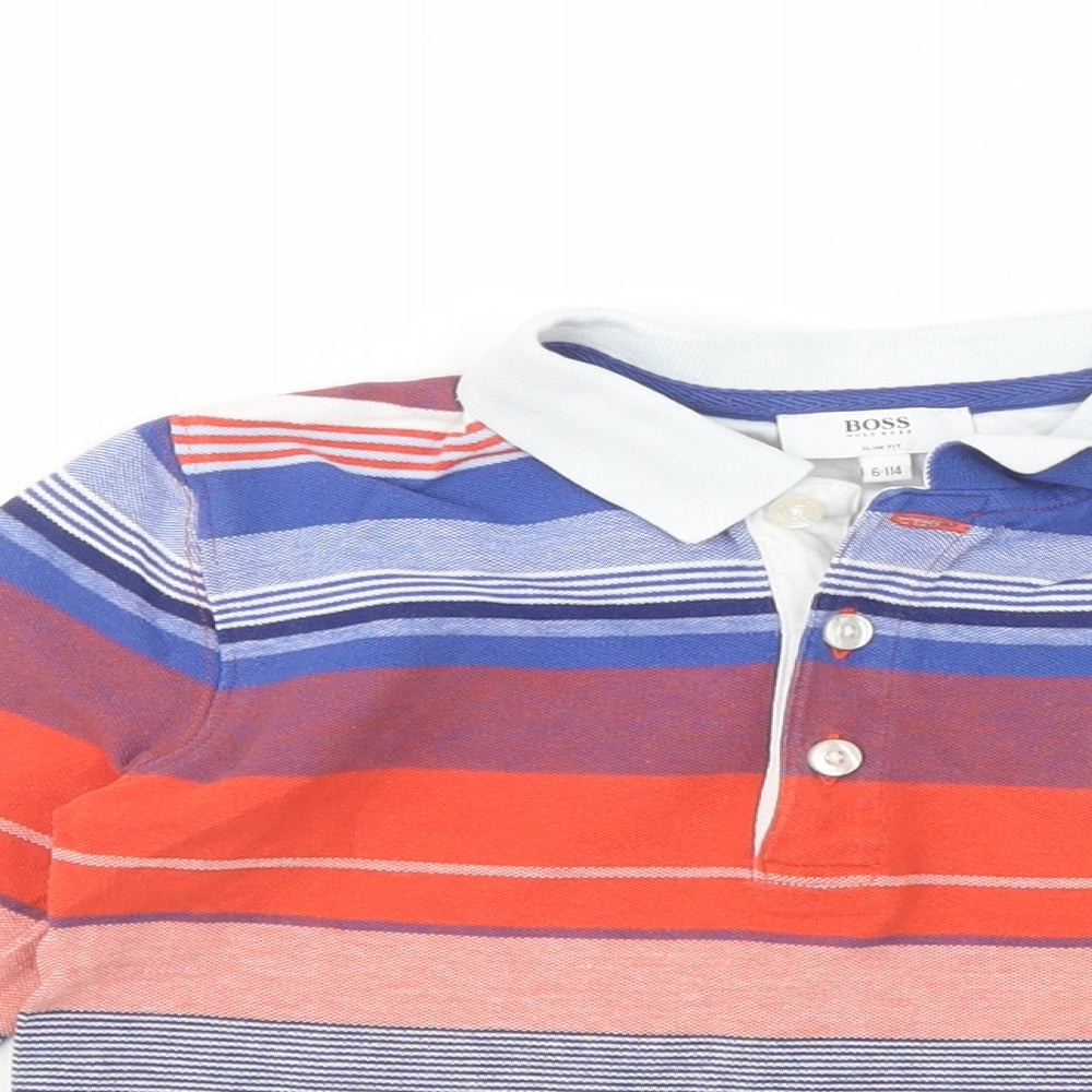 Boss Hugp Boss Boys Multicoloured Striped Cotton Pullover T-Shirt Size 6 Years Collared Button