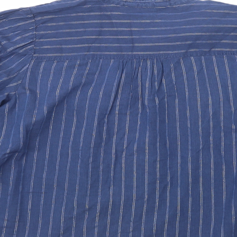Marks and Spencer Womens Blue Striped Cotton Basic Button-Up Size 16 Mock Neck
