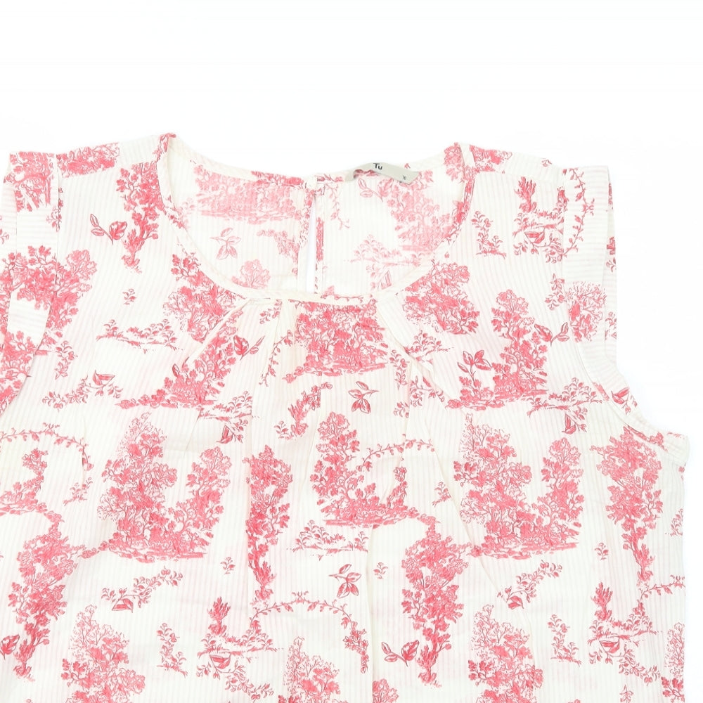 TU Womens White Floral Cotton Basic Blouse Size 16 Scoop Neck