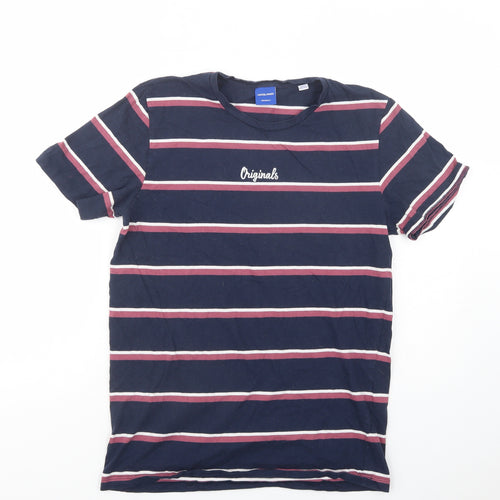 JACK & JONES Mens Blue Striped Cotton  T-Shirt Size M Crew Neck