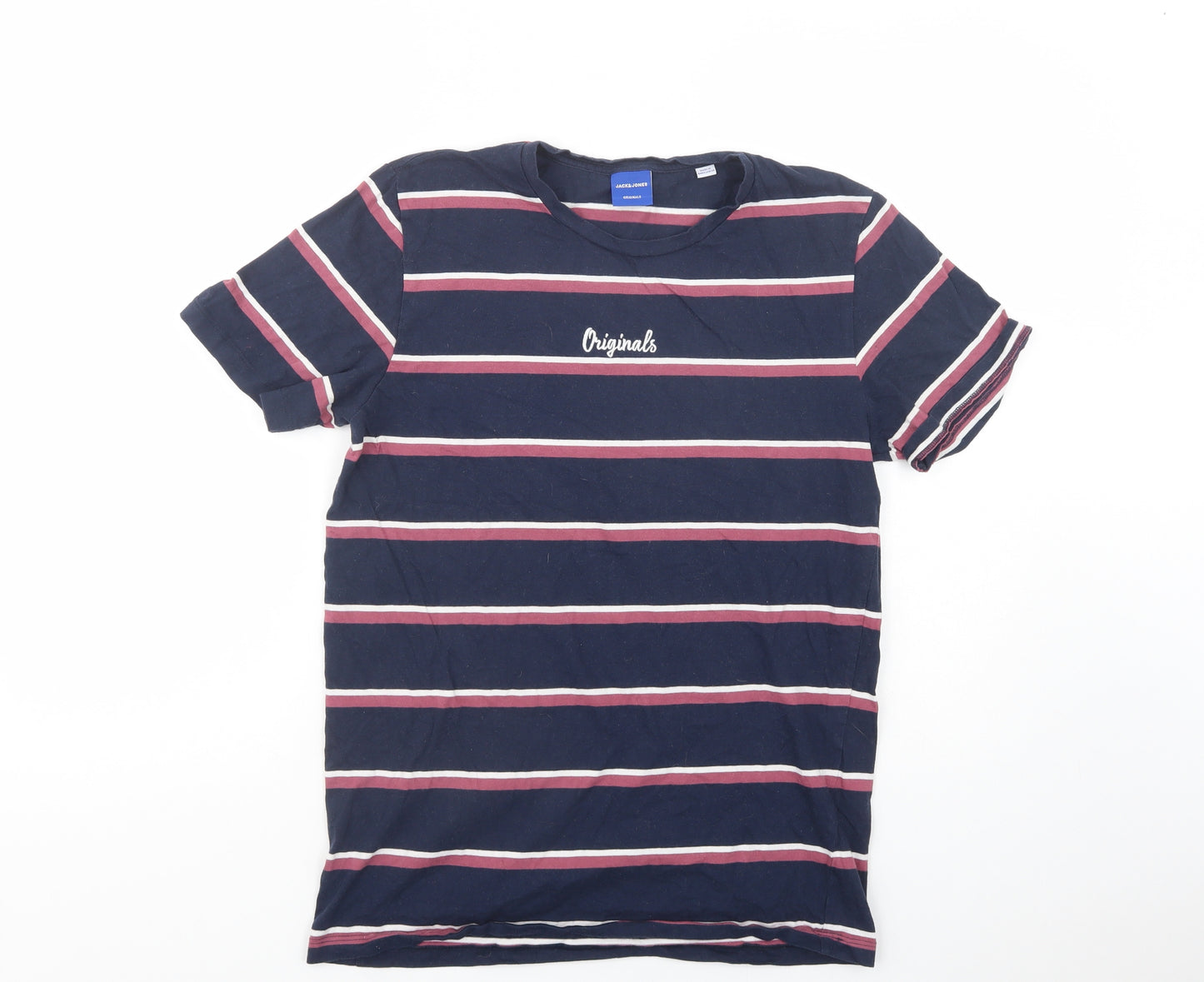 JACK & JONES Mens Blue Striped Cotton  T-Shirt Size M Crew Neck