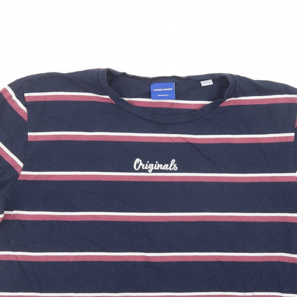 JACK & JONES Mens Blue Striped Cotton  T-Shirt Size M Crew Neck
