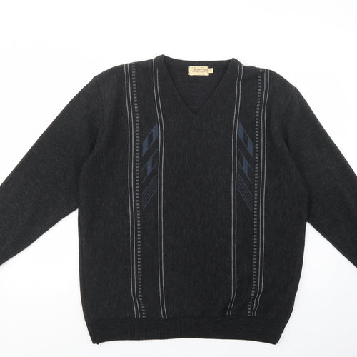 Sergio Rossi Mens Black V-Neck Geometric Wool Pullover Jumper Size XL